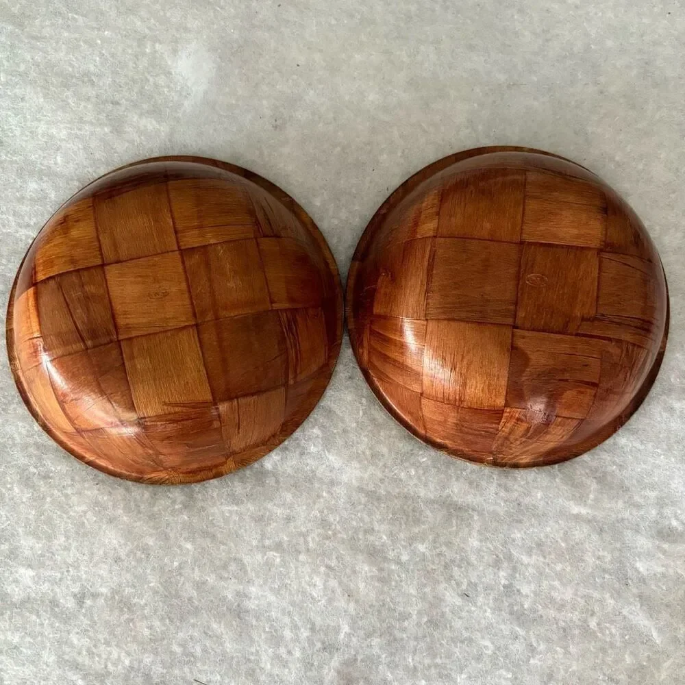 2 Vintage Wooden Woven Salad Bowls